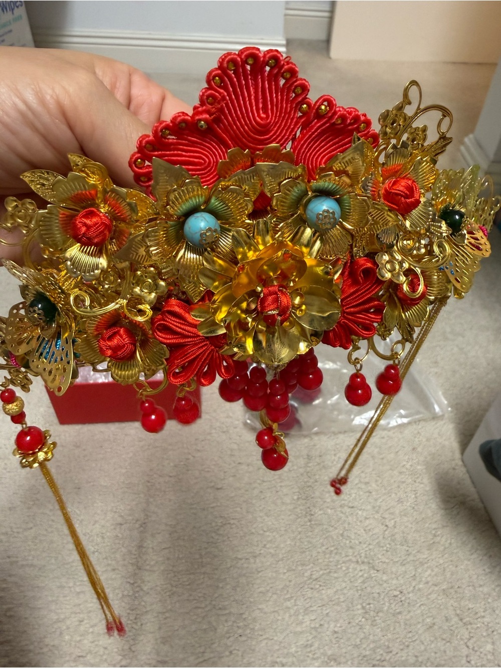 Ornate Gold & Red Bridal Hairpiece - Picture 2 of 8